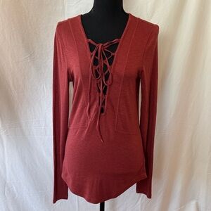 Free People Lace-Up Long Sleeve Top in Brick Red